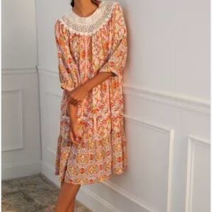 Anthropologie Floral Orange Dress with Lace Collar